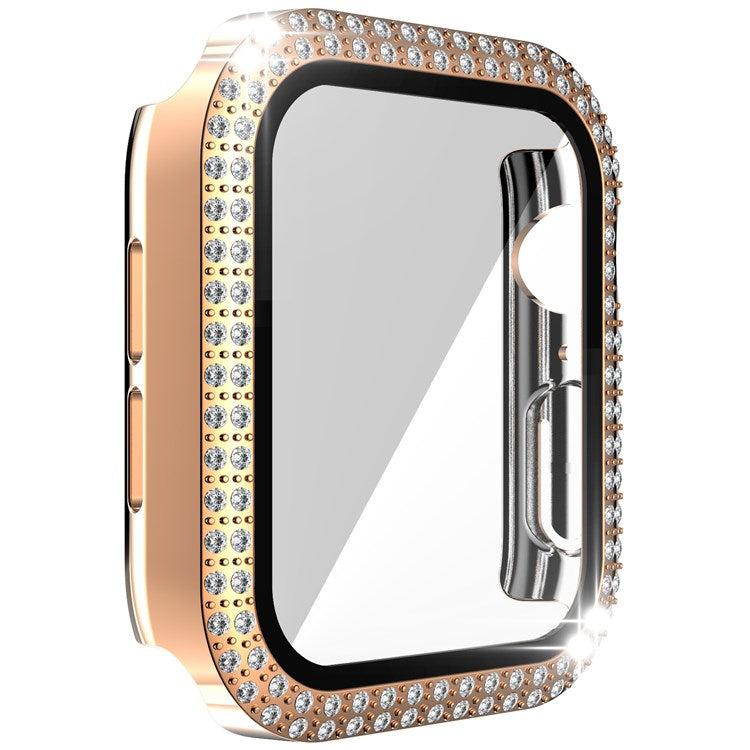For Apple Watch Series 1/2/3 42mm Drop-proof Anti-scratch Rhinestone+PC+Tempered Glass Smart Watch Case Cover - Rose Gold