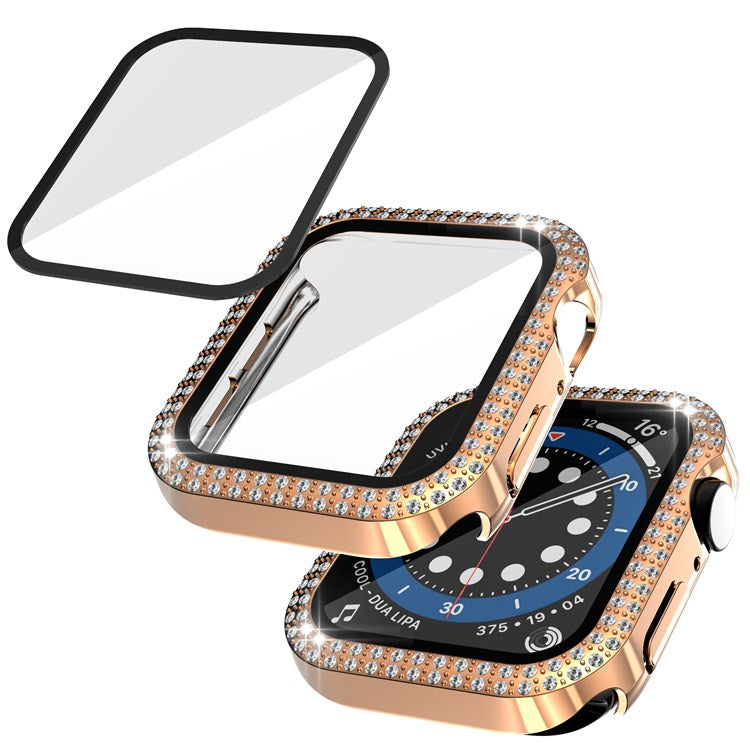 For Apple Watch Series 1/2/3 42mm Drop-proof Anti-scratch Rhinestone+PC+Tempered Glass Smart Watch Case Cover - Rose Gold