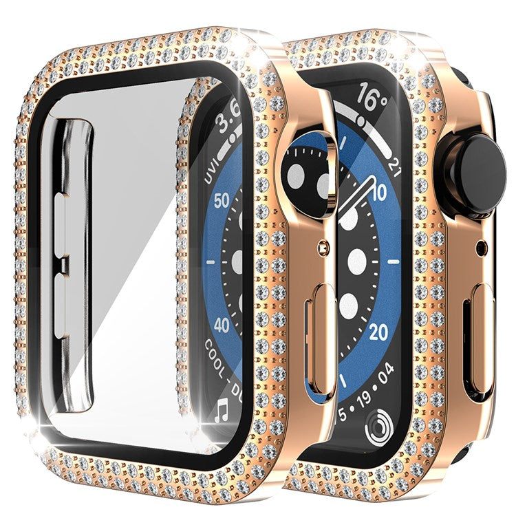 For Apple Watch Series 1/2/3 42mm Drop-proof Anti-scratch Rhinestone+PC+Tempered Glass Smart Watch Case Cover - Rose Gold