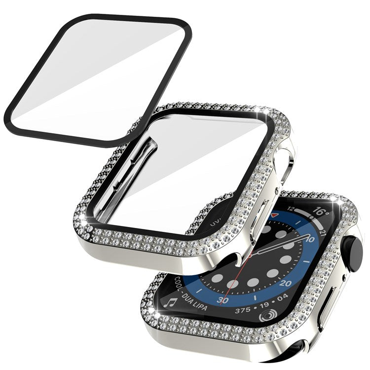 For Apple Watch Series 1/2/3 42mm Drop-proof Anti-scratch Rhinestone+PC+Tempered Glass Smart Watch Case Cover - Silver