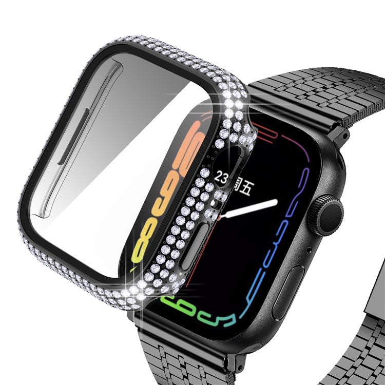 For Apple Watch Series 9 / 8 / 7 41mm Rhinestone Decorated PC Watch Case with Anti-scratch Tempered Glass Screen Protector - Black