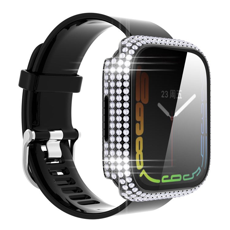 For Apple Watch Series 9 / 8 / 7 41mm Rhinestone Decorated PC Watch Case with Anti-scratch Tempered Glass Screen Protector - Black