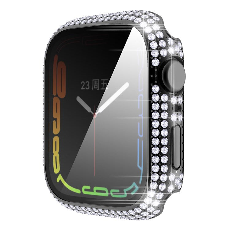 For Apple Watch Series 9 / 8 / 7 41mm Rhinestone Decorated PC Watch Case with Anti-scratch Tempered Glass Screen Protector - Black