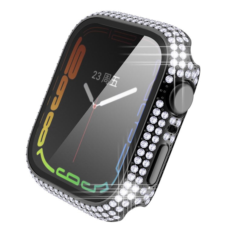 For Apple Watch Series 9 / 8 / 7 41mm Rhinestone Decorated PC Watch Case with Anti-scratch Tempered Glass Screen Protector - Black