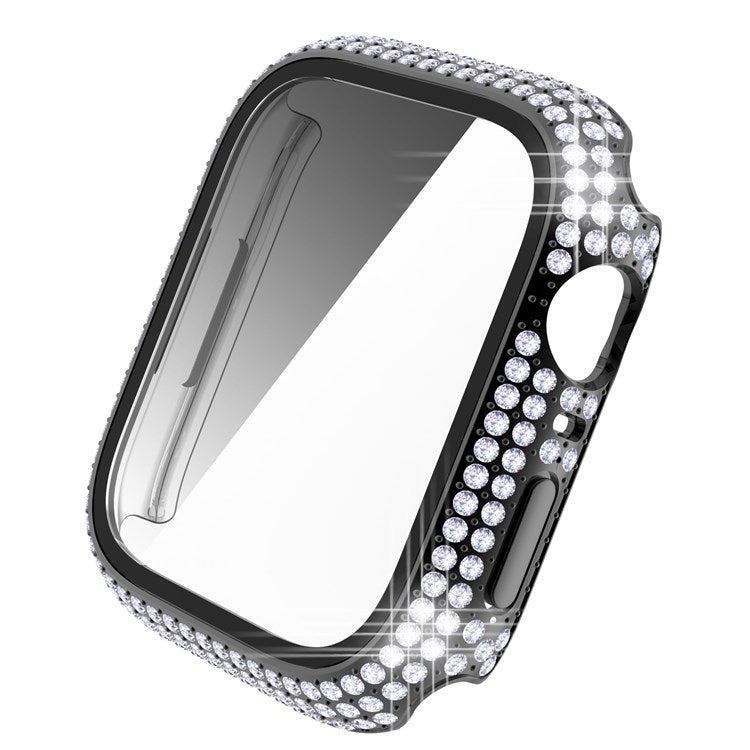 For Apple Watch Series 9 / 8 / 7 41mm Rhinestone Decorated PC Watch Case with Anti-scratch Tempered Glass Screen Protector - Black