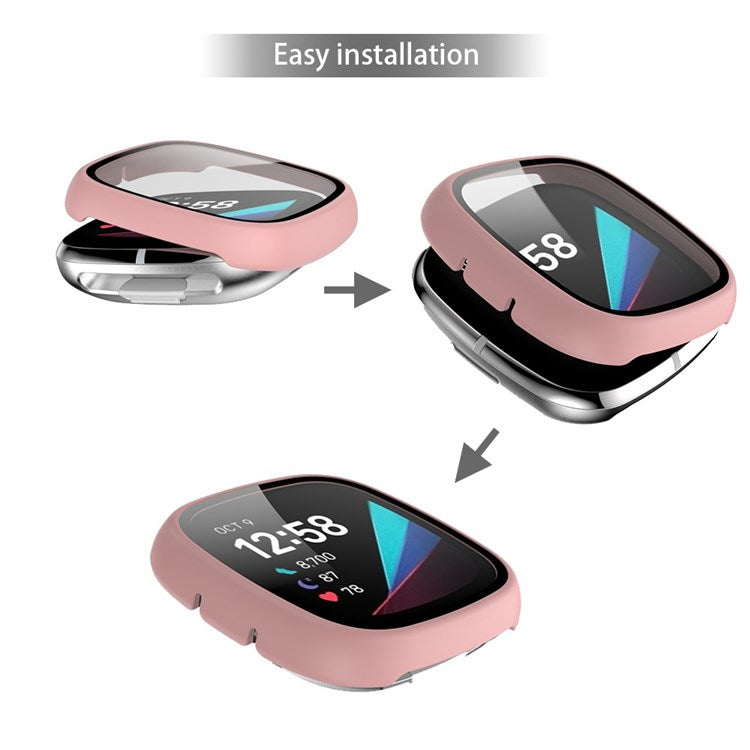 For Fitbit Versa 3/Sense Anti-Scratch Matte Hard PC Case with Tempered Glass Screen Protector Wear-Resistant Smart Watch Cover - Pink