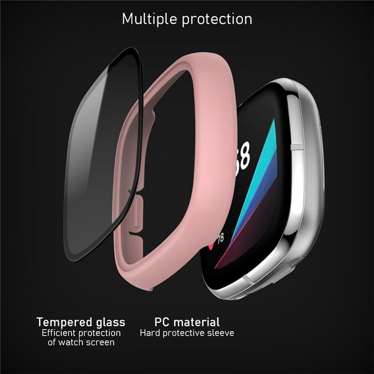 For Fitbit Versa 3/Sense Anti-Scratch Matte Hard PC Case with Tempered Glass Screen Protector Wear-Resistant Smart Watch Cover - Pink
