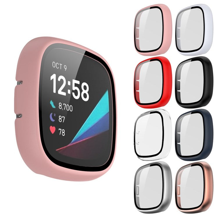 For Fitbit Versa 3/Sense Anti-Scratch Matte Hard PC Case with Tempered Glass Screen Protector Wear-Resistant Smart Watch Cover - Pink