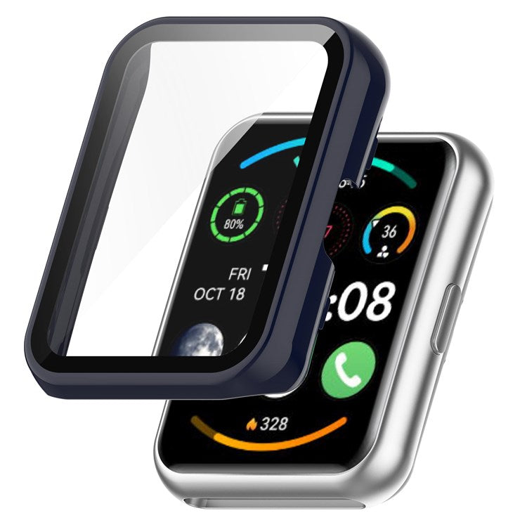 For Oppo Watch Free Hard PC Watch Case Protective Cover with Tempered Glass Screen Protector - Midnight Blue