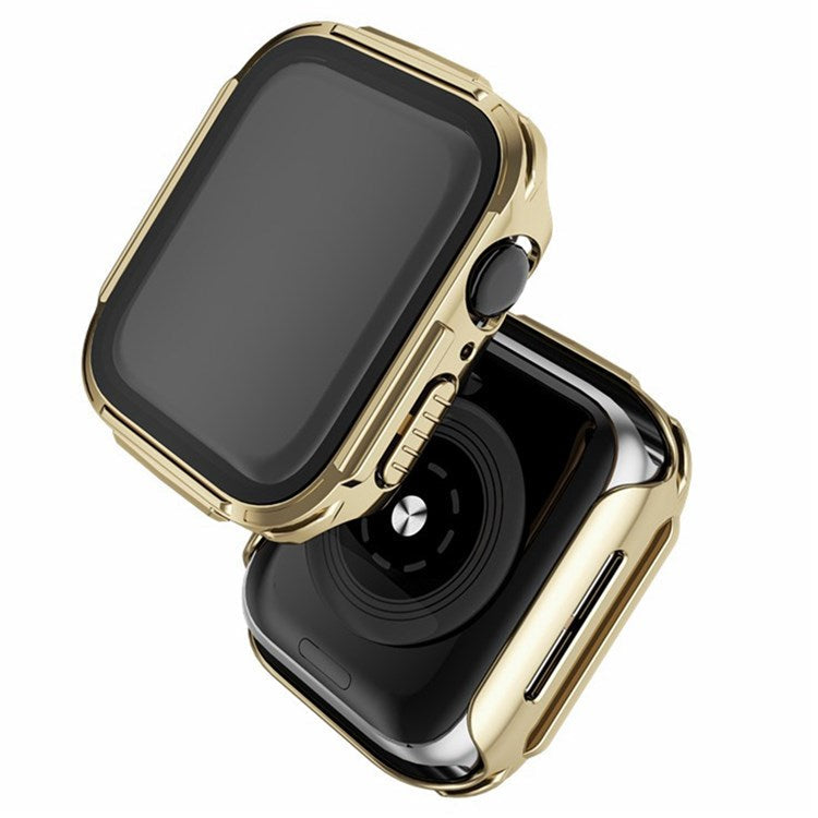 For Apple Watch 9 / 8 / 7 45mm Stylish Electroplated PC Smart Watch Case Protective Cover with Tempered Glass Screen Protector - Gold