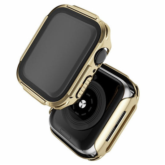 For Apple Watch 9 / 8 / 7 45mm Stylish Electroplated PC Smart Watch Case Protective Cover with Tempered Glass Screen Protector - Gold