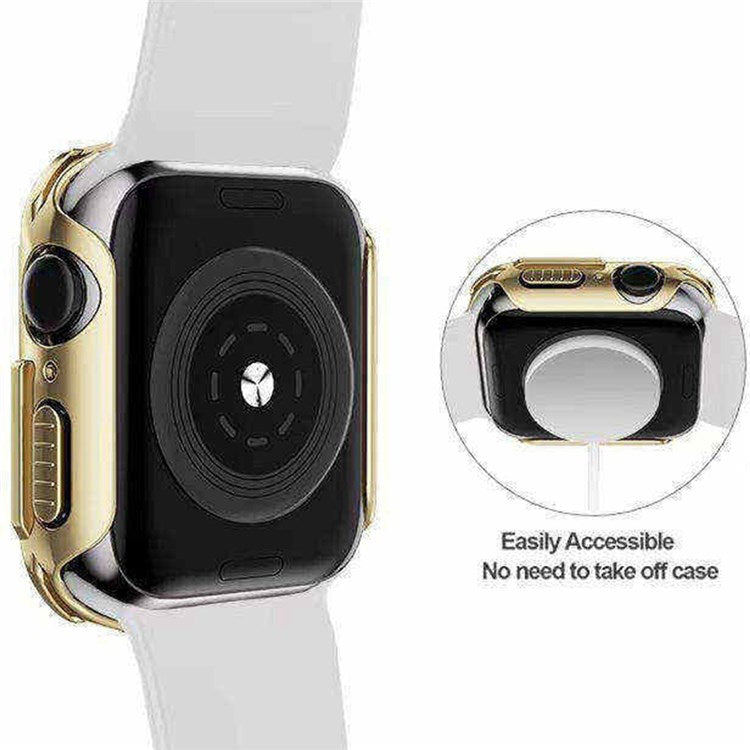 For Apple Watch 9 / 8 / 7 45mm Stylish Electroplated PC Smart Watch Case Protective Cover with Tempered Glass Screen Protector - Gold