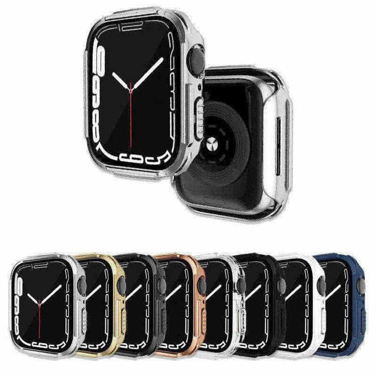 For Apple Watch 9 / 8 / 7 45mm Stylish Electroplated PC Smart Watch Case Protective Cover with Tempered Glass Screen Protector - Gold