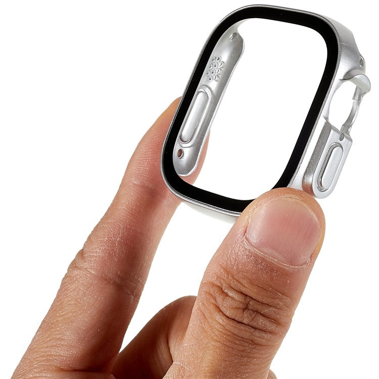 RURIHAI For Apple Watch Ultra 2 49mm / Ultra 49mm PC Protective Case All-around Bumper Protective Cover with Silk Printing HD Tempered Glass Screen Protector - Silver