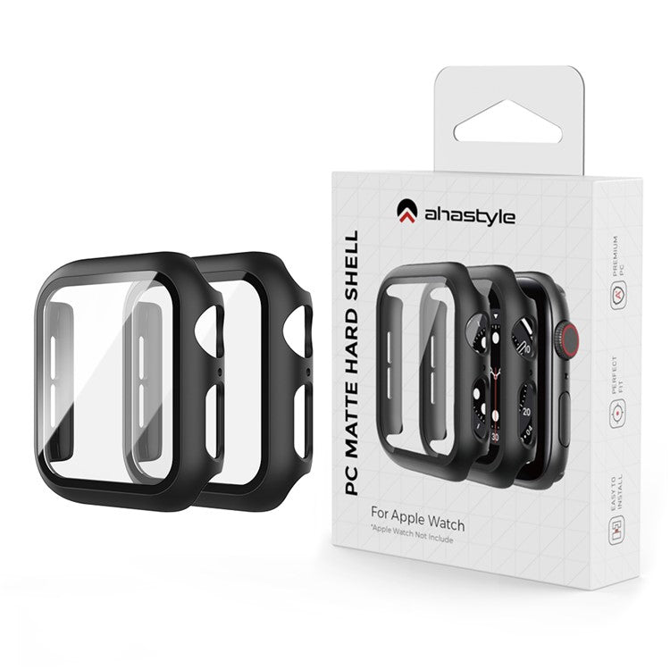 AHASTYLE WG46 2Pcs PC Case with Tempered Glass Film for Apple Watch Ultra / Series 8 / 7 / 6 / 5 / 4 / SE / SE (2022) / 3 / 2 / 1 - For Apple Watch Series 3 / 2 / 1 38mm / Black