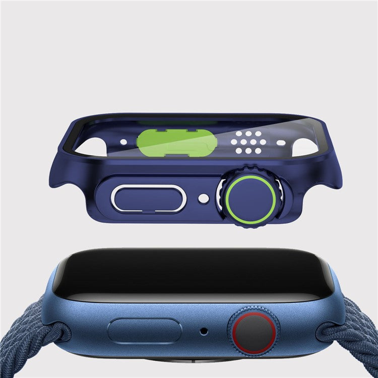 For Apple Watch Series 9 / 8 / 7 45mm Watch Case Hard PC Anti-drop Watch Cover with Tempered Glass Screen Protector - Dark Blue / Fluorescent Green