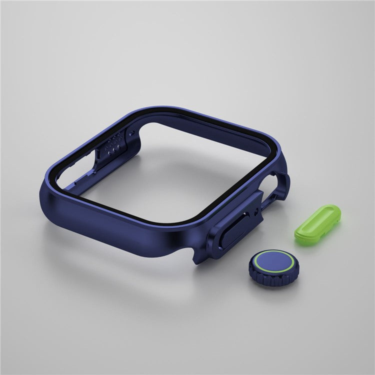For Apple Watch Series 9 / 8 / 7 45mm Watch Case Hard PC Anti-drop Watch Cover with Tempered Glass Screen Protector - Dark Blue / Fluorescent Green