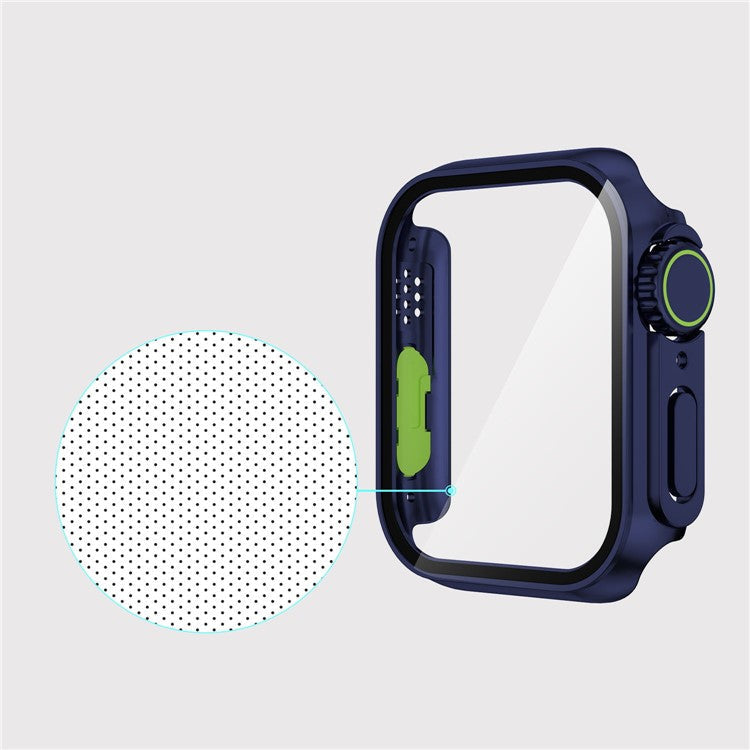 For Apple Watch Series 6 / 5 / 4 / SE / SE (2022) 44mm Watch Case Hard PC Watch Cover with Tempered Glass Screen Protector - Dark Blue / Fluorescent Green
