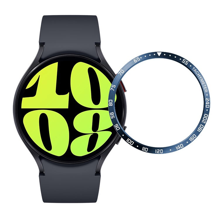 Bezel Ring for Samsung Galaxy Watch6 44mm , Stainless Steel Anti-Scratch Adhesive Cover Protector (Type E) - Blue / Silver Characters