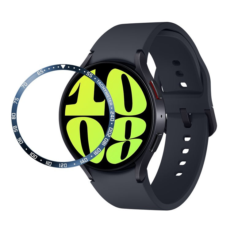 Bezel Ring for Samsung Galaxy Watch6 44mm , Stainless Steel Anti-Scratch Adhesive Cover Protector (Type E) - Blue / Silver Characters