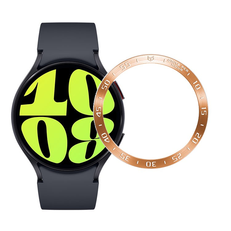 Bezel Cover for Samsung Galaxy Watch6 44mm , Stainless Steel Adhesive Bezel Ring (Type A) - Rose Gold / White Characters