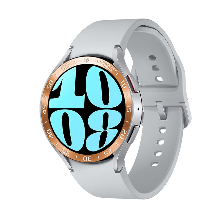 Bezel Cover for Samsung Galaxy Watch6 44mm , Stainless Steel Adhesive Bezel Ring (Type A) - Rose Gold / White Characters
