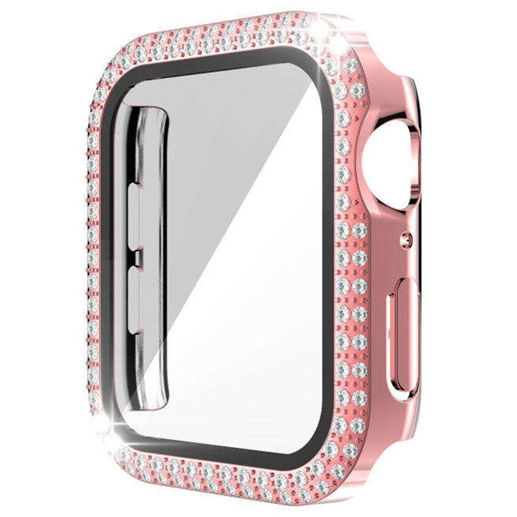 For Apple Watch Series 9 8 7 45mm PC Watch Case Rhinestone Electroplating Watch Cover with Tempered Glass Film - Pink