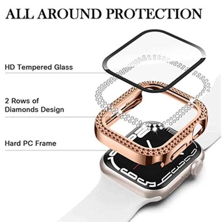 For Apple Watch Series 9 8 7 45mm PC Watch Case Rhinestone Electroplating Watch Cover with Tempered Glass Film - Pink
