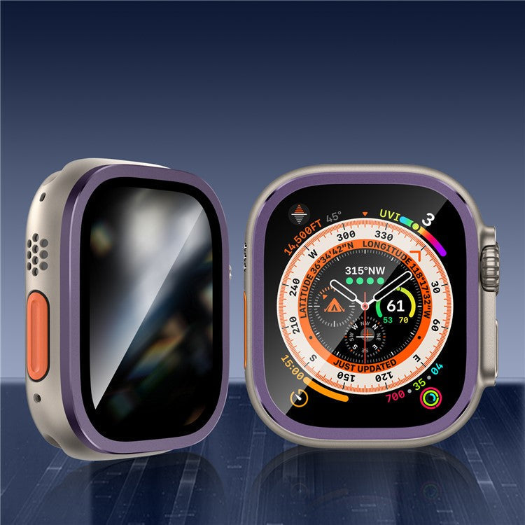 For Apple Watch Ultra 49mm / Ultra 2 49mm Aluminum Alloy Watch Case with Anti-spy Tempered Glass Film - Purple