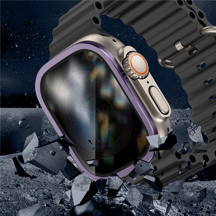For Apple Watch Ultra 49mm / Ultra 2 49mm Aluminum Alloy Watch Case with Anti-spy Tempered Glass Film - Purple