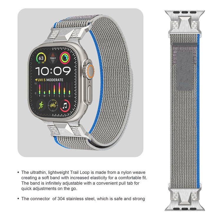 For Apple Watch 10 46mm / Ultra 2 / Ultra 49mm / 9 8 7 45mm / SE (2023) SE (2022) SE 6 5 4 44mm / 3 2 1 42mm Trail Loop Nylon Strap - Blue+Grey