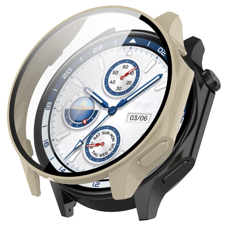 For Oppo Watch X / OnePlus Watch 2 46mm Drop Protection PC Watch Frame Cover with Tempered Glass Screen Film - Beige
