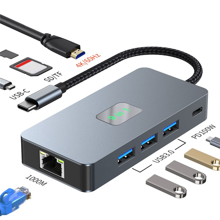 2318 Type-C Hub with 3xUSB 3.0+HD Video Output+2xCard Readers+PD 100W+RJ45 Ethernet+USB-C Data Converter