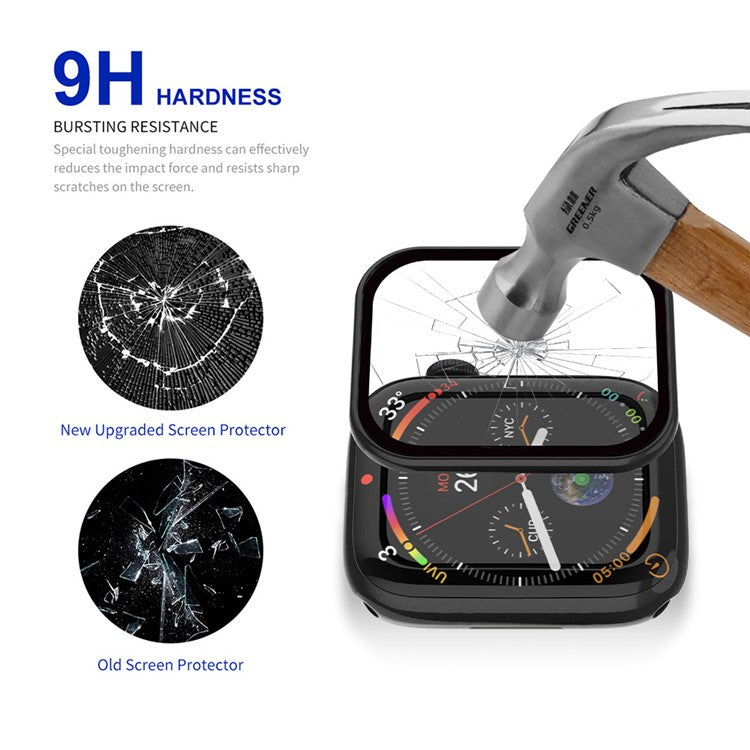 RURIHAI Tempered Glass Screen Film for Apple Watch Series 9 / 8 / 7 45mm PC Frame Watch Screen Protector - Black