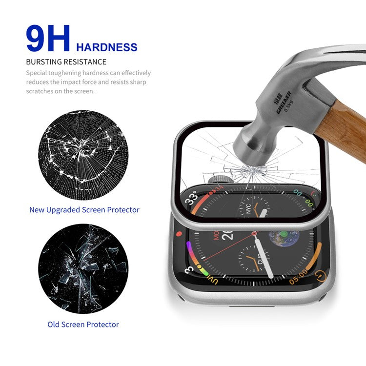 RURIHAI Tempered Glass Screen Film for Apple Watch Series 9 / 8 / 7 41mm PC Frame Watch Screen Protector - Silver