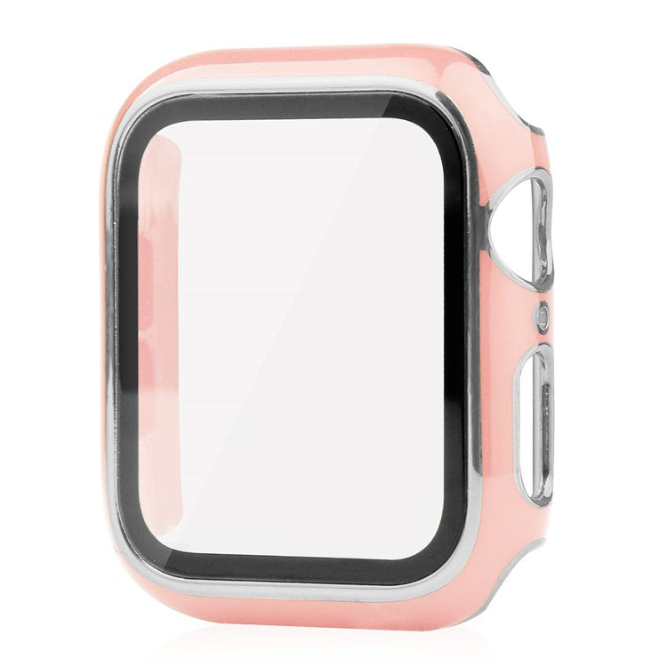 Electroplating Hard PC and Tempered Glass Film Smart Watch Case for Apple Watch Series 4 / 5 / 6 44mm / SE 44mm / SE (2022) 44mm - Pink / Silver