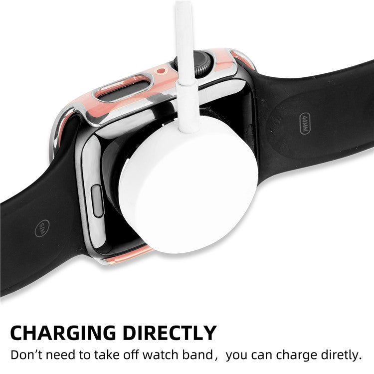 Electroplating Hard PC and Tempered Glass Film Smart Watch Case for Apple Watch Series 4 / 5 / 6 44mm / SE 44mm / SE (2022) 44mm - Pink / Silver