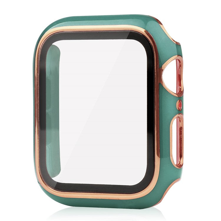 Electroplating Hard PC and Tempered Glass Film Smart Watch Case for Apple Watch Series 4 / 5 / 6 44mm / SE 44mm / SE (2022) 44mm - Blackish Green / Gold