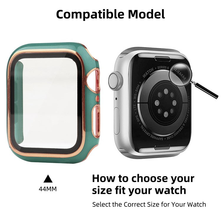 Electroplating Hard PC and Tempered Glass Film Smart Watch Case for Apple Watch Series 4 / 5 / 6 44mm / SE 44mm / SE (2022) 44mm - Blackish Green / Gold