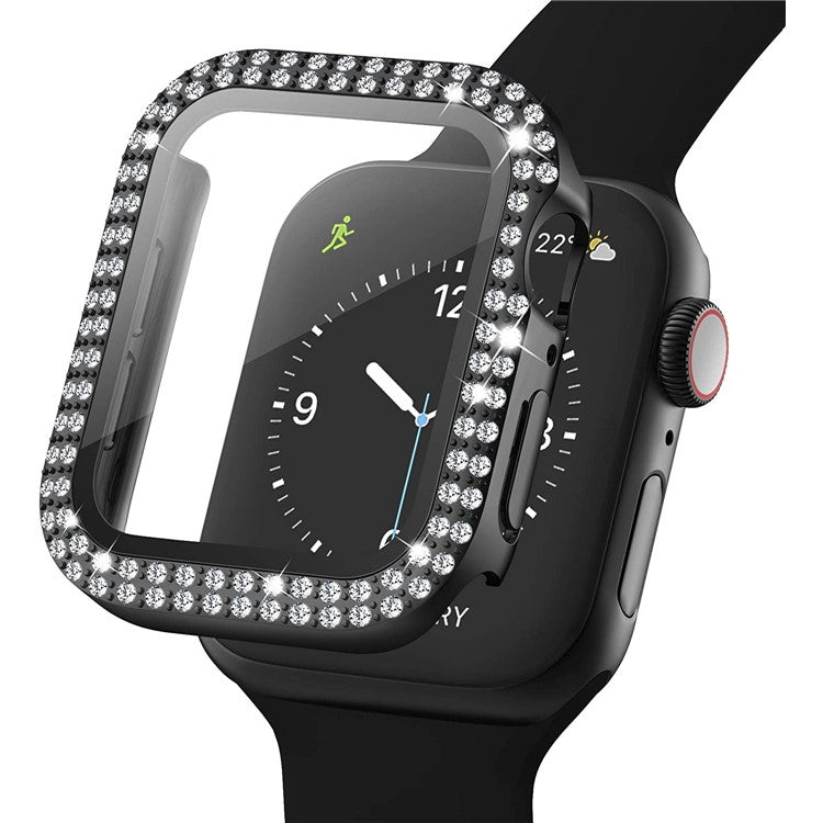 Rhinestone Decor Smart Watch Case Cover with Tempered Glass Screen Protector for Apple Watch Series 4 / 5 / 6 44mm / SE 44mm / SE (2022) 44mm - Black