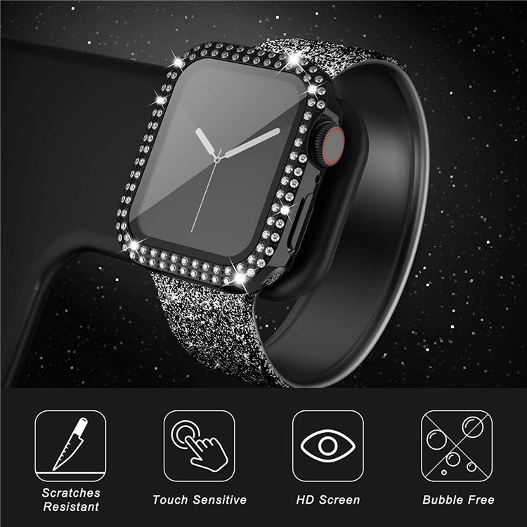 Rhinestone Decor Smart Watch Case Cover with Tempered Glass Screen Protector for Apple Watch Series 4 / 5 / 6 44mm / SE 44mm / SE (2022) 44mm - Black
