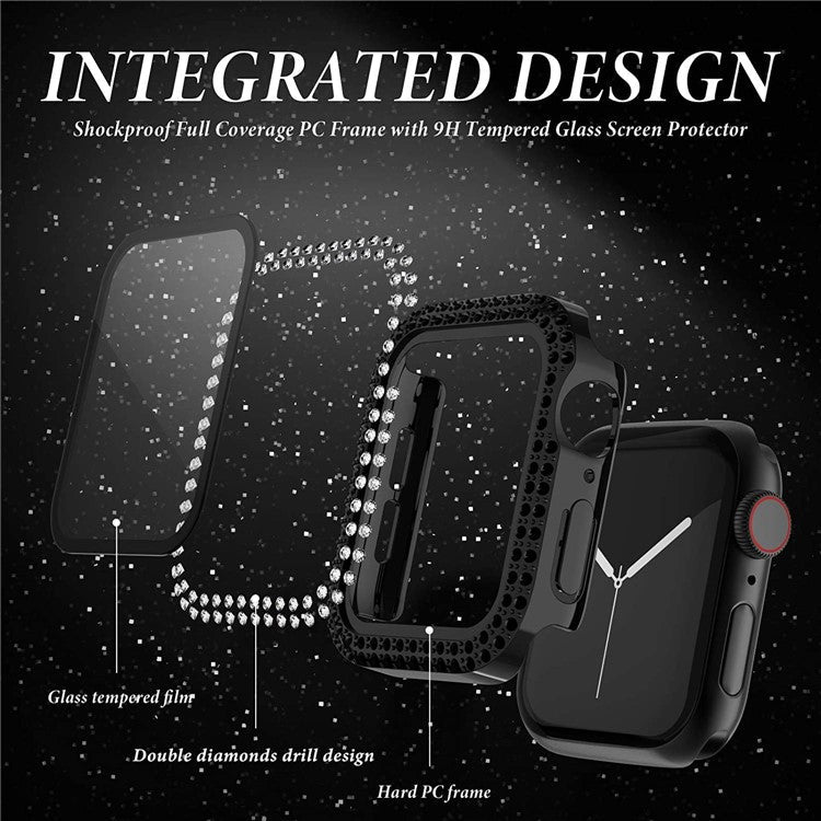 Rhinestone Decor Smart Watch Case Cover with Tempered Glass Screen Protector for Apple Watch Series 4 / 5 / 6 44mm / SE 44mm / SE (2022) 44mm - Black