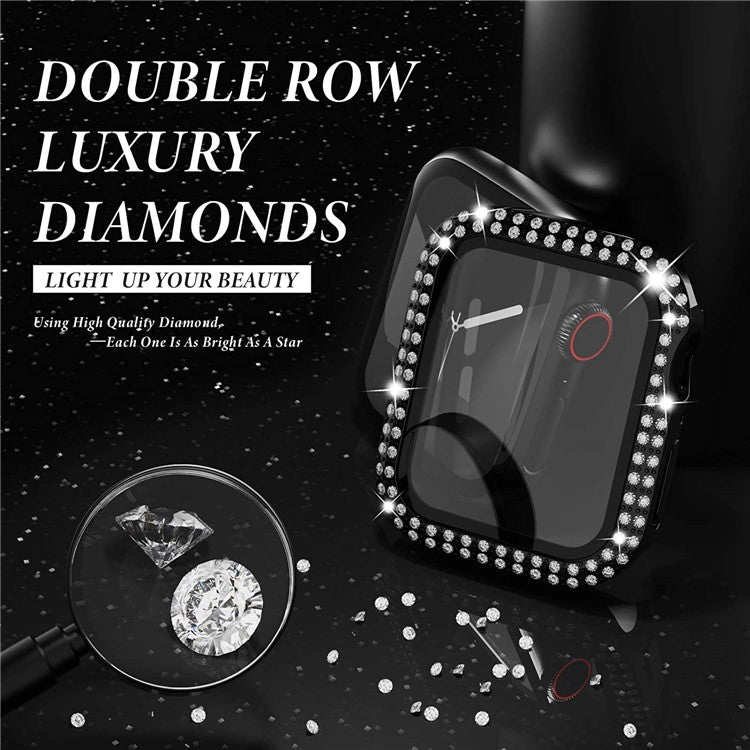 Rhinestone Decor Smart Watch Case Cover with Tempered Glass Screen Protector for Apple Watch Series 4 / 5 / 6 44mm / SE 44mm / SE (2022) 44mm - Black