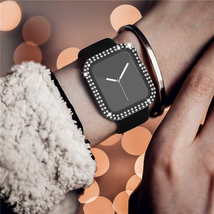 Rhinestone Decor Smart Watch Case Cover with Tempered Glass Screen Protector for Apple Watch Series 4 / 5 / 6 44mm / SE 44mm / SE (2022) 44mm - Black