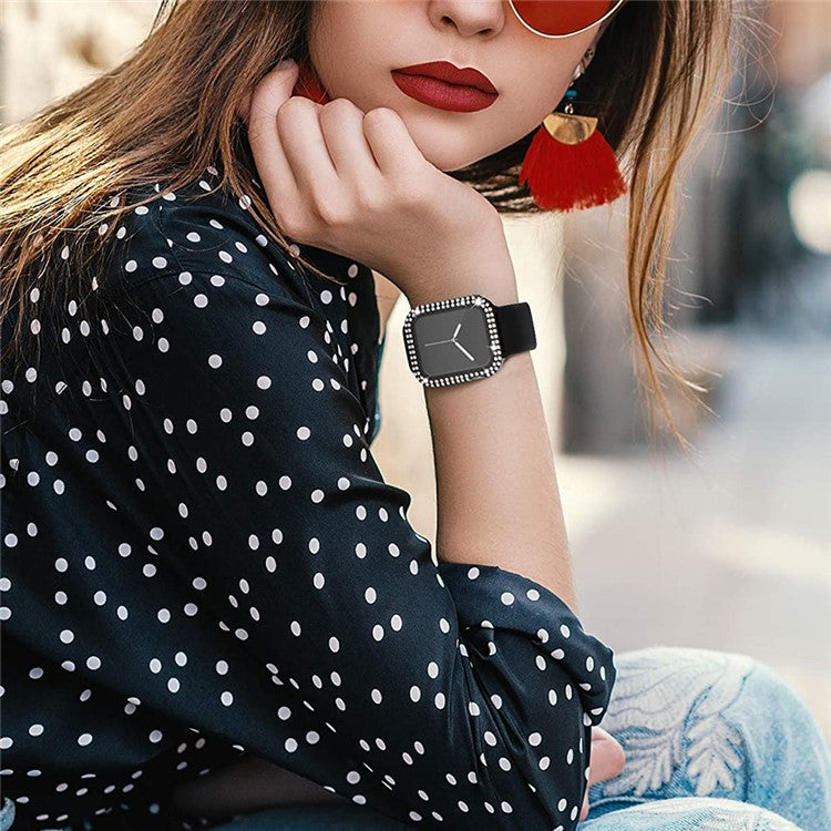 Rhinestone Decor Smart Watch Case Cover with Tempered Glass Screen Protector for Apple Watch Series 4 / 5 / 6 44mm / SE 44mm / SE (2022) 44mm - Black