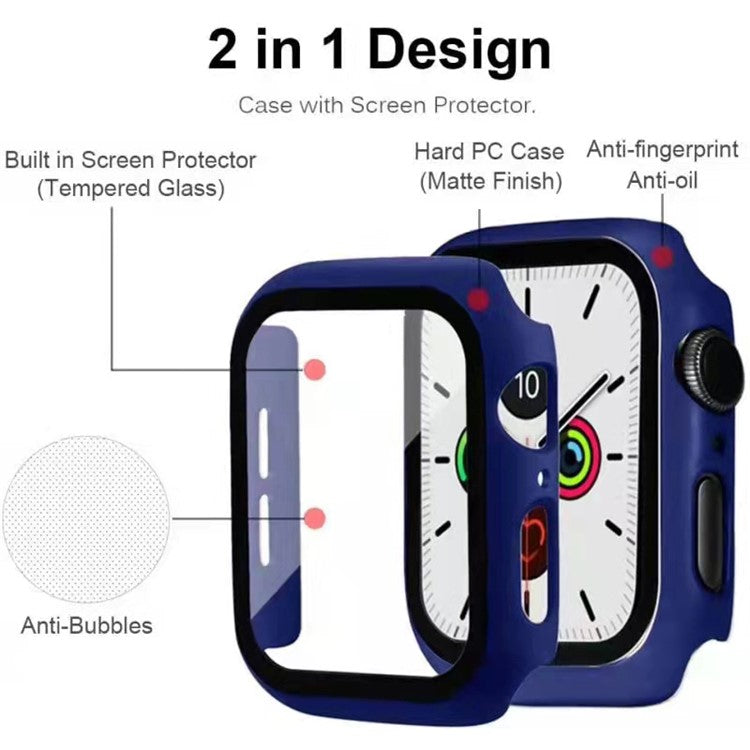 For Apple Watch Series 9 / 8 / 7 41mm Hard PC Frame + Tempered Glass Screen Protector Integrated Watch Case - Dark Blue