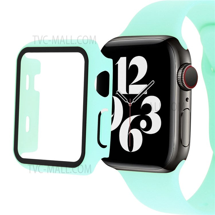 Tempered Glass Screen Protector PC Watch Case Cover + Silicone Watch Band for Apple Watch Series 7 41mm - Cyan
