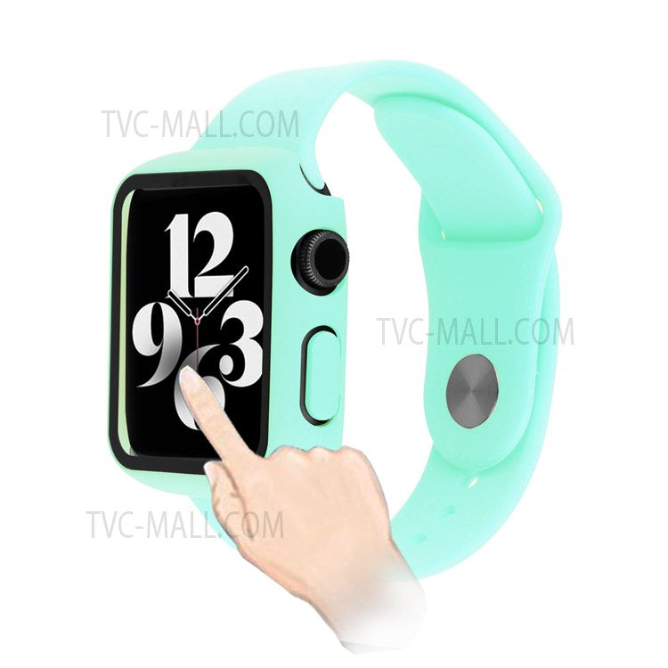Tempered Glass Screen Protector PC Watch Case Cover + Silicone Watch Band for Apple Watch Series 7 41mm - Cyan