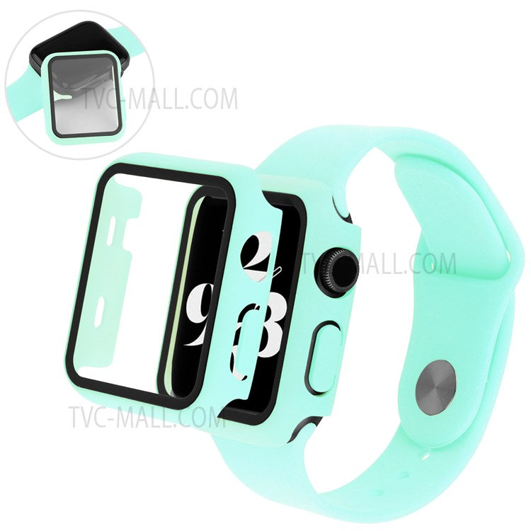 Tempered Glass Screen Protector PC Watch Case Cover + Silicone Watch Band for Apple Watch Series 7 41mm - Cyan