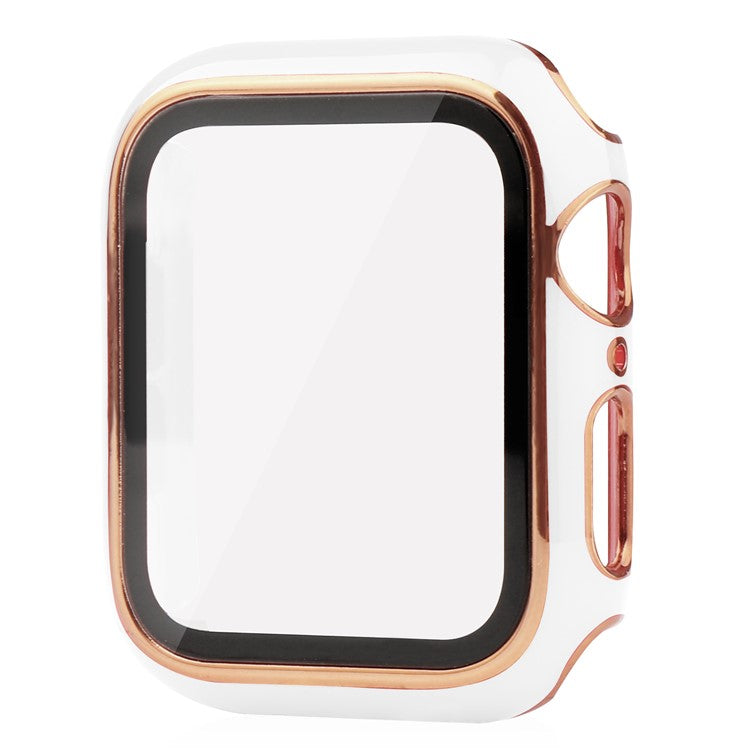 For Apple Watch Series 9 / 8 / 7 41mm Hard PC Electroplating Anti-drop Watch Case Frame Cover with Tempered Glass Screen Protective Film - White / Gold